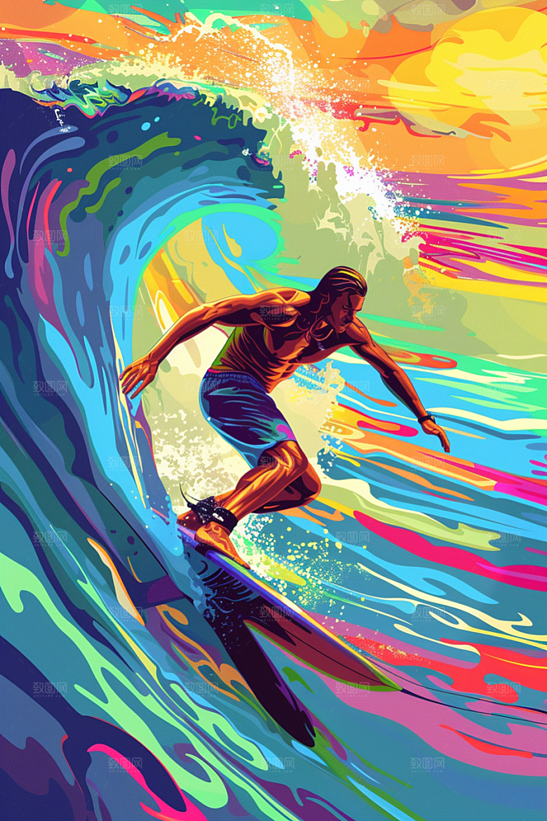 扁平风冲浪夏天运动插画