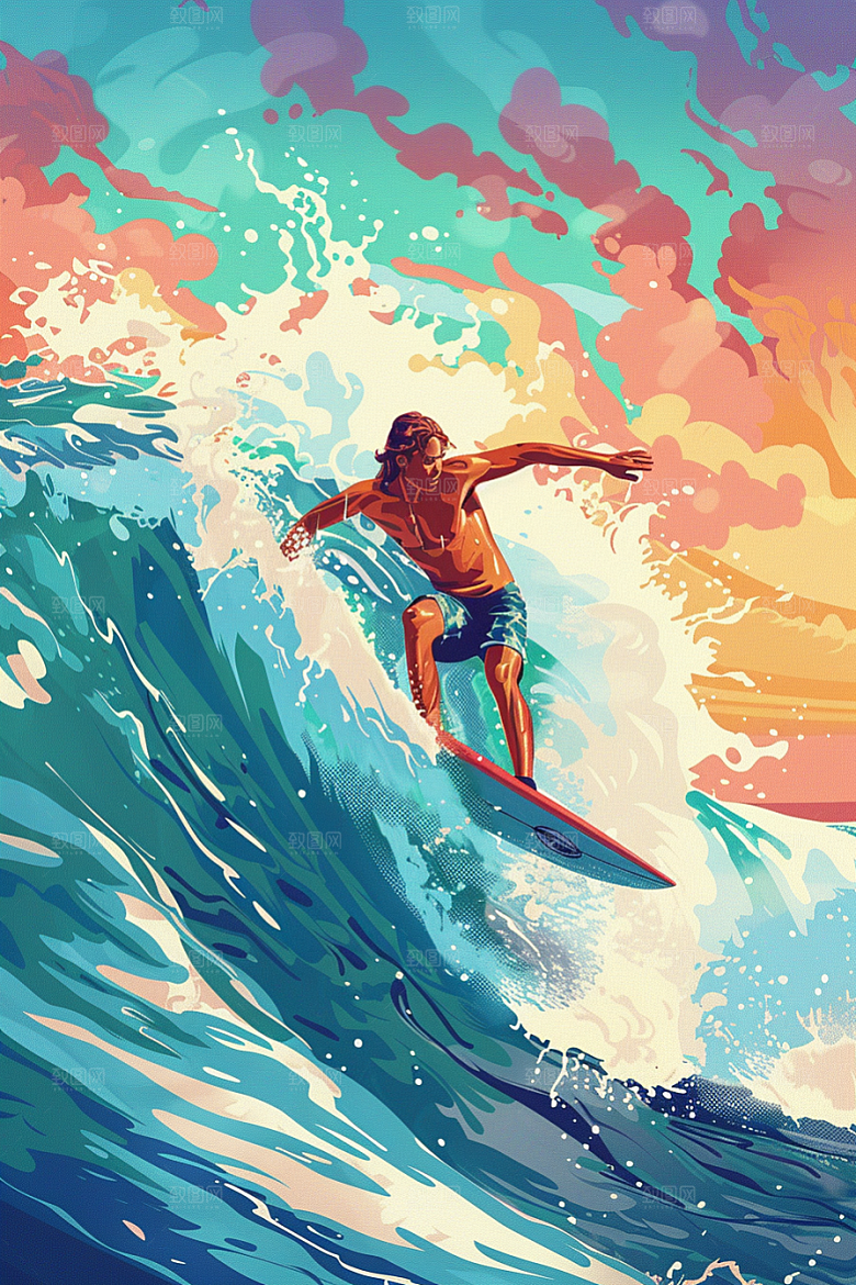 扁平风冲浪戏水夏天插画