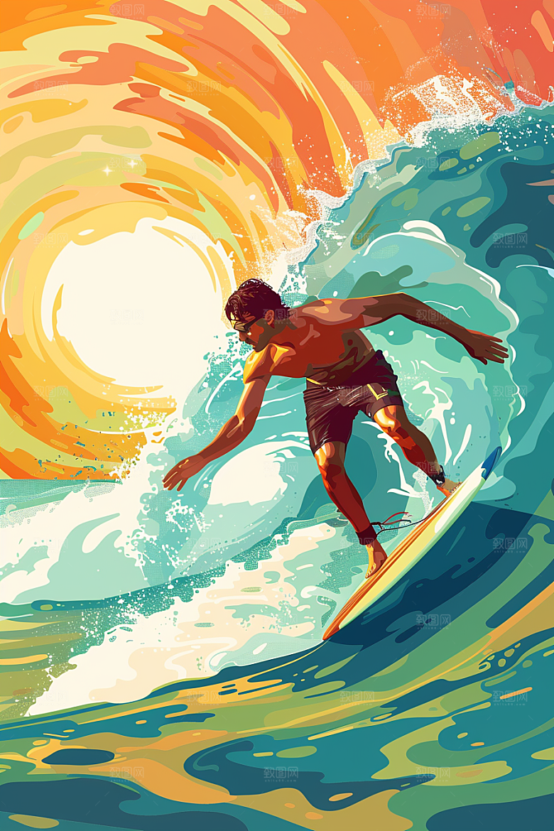 扁平风冲浪夏季海浪插画