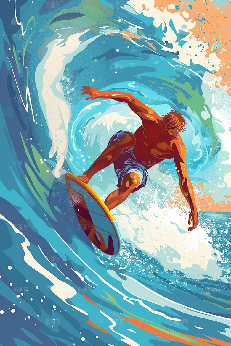 扁平风冲浪INS风海浪插画