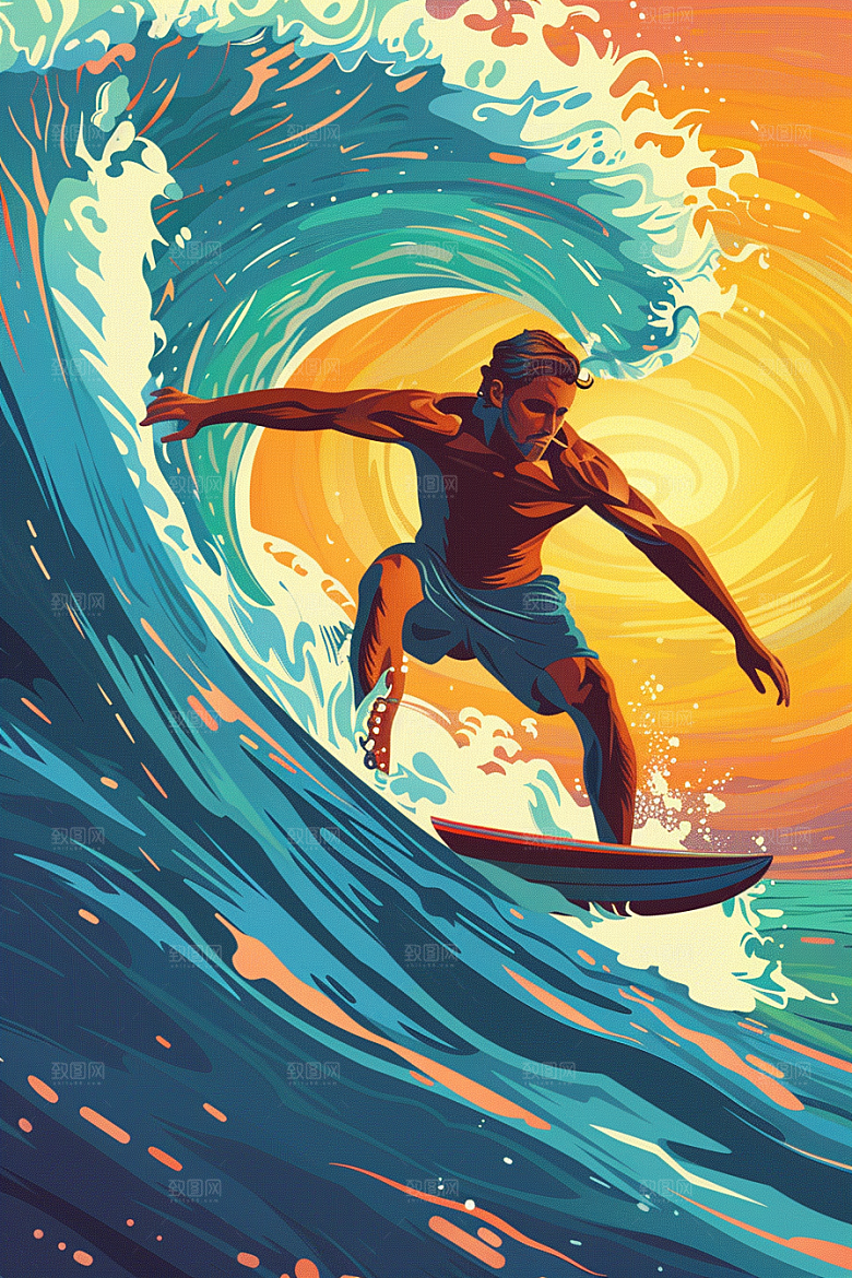 扁平风冲浪水上运动夏天插画