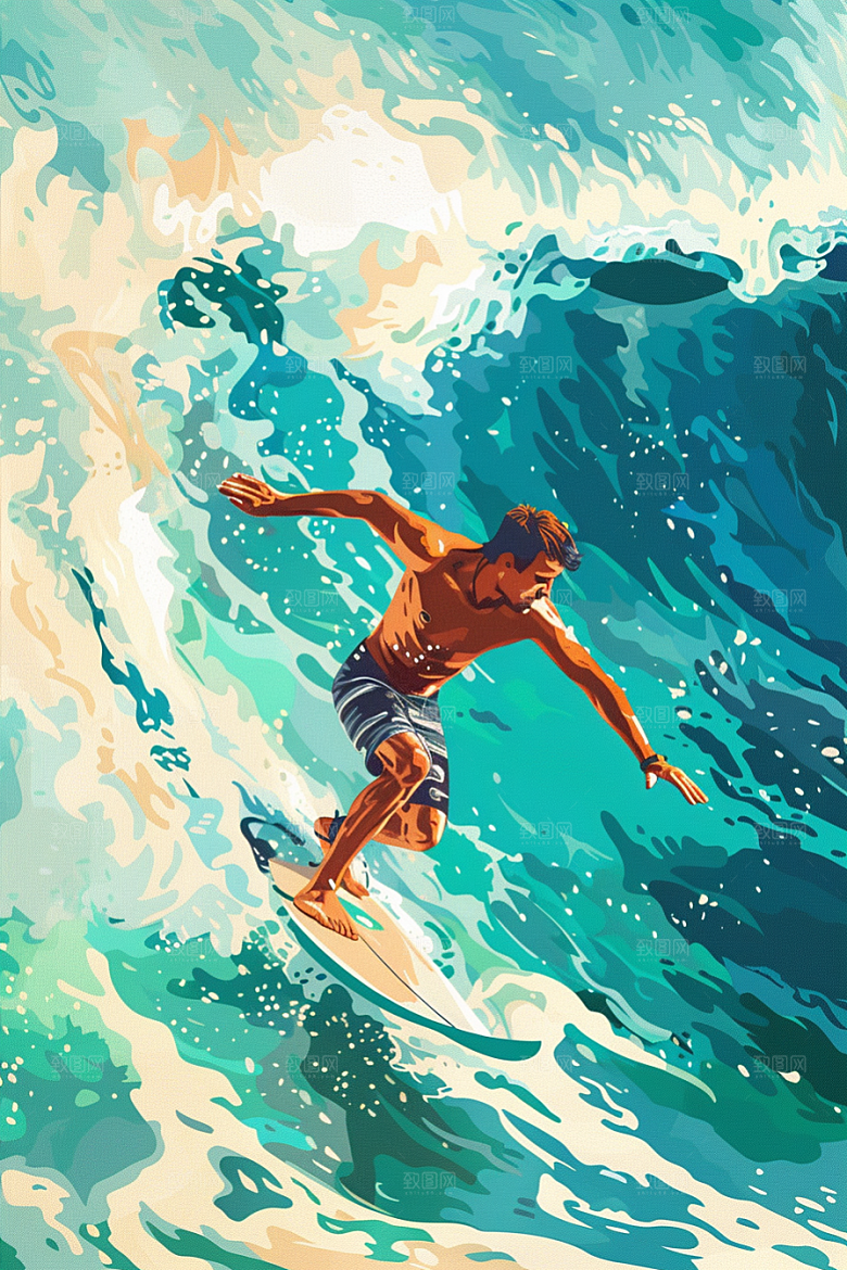 扁平风冲浪水上运动海边插画