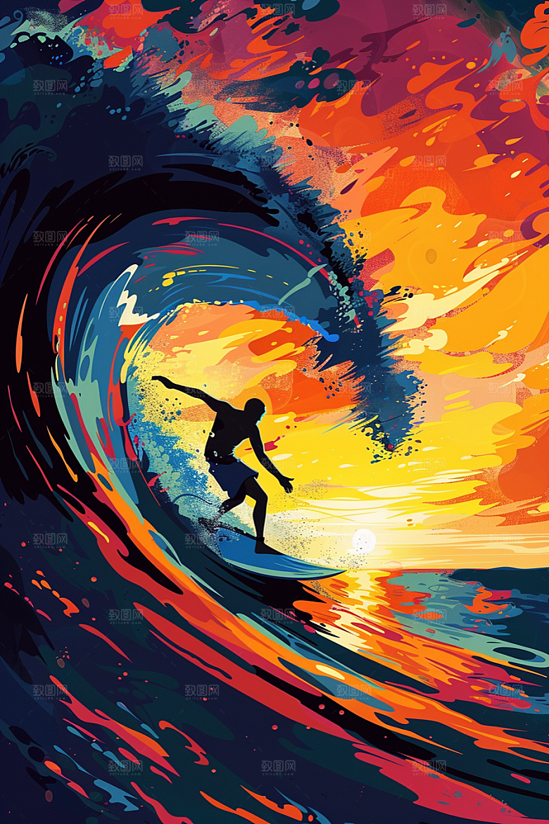 扁平风冲浪休闲水上运动插画