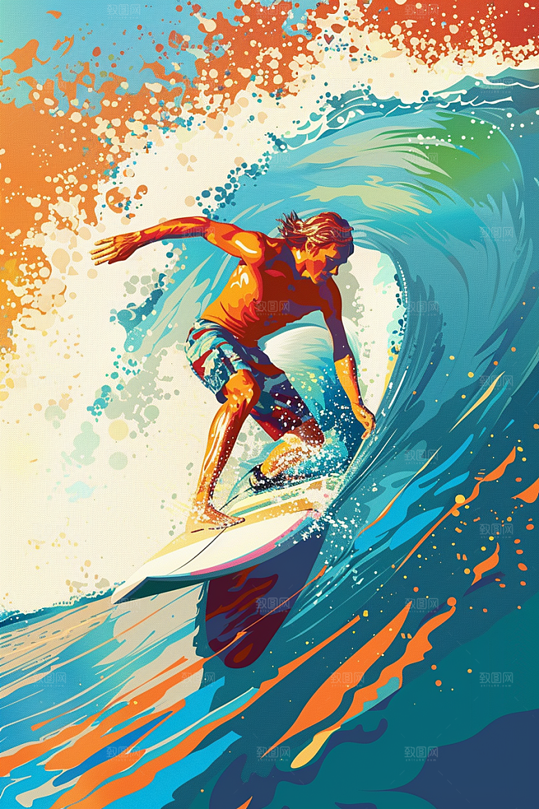 扁平风冲浪戏水清新插画