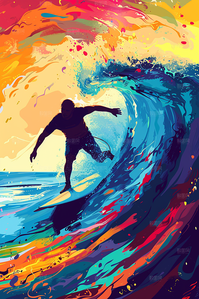 扁平风冲浪画报风海浪插画