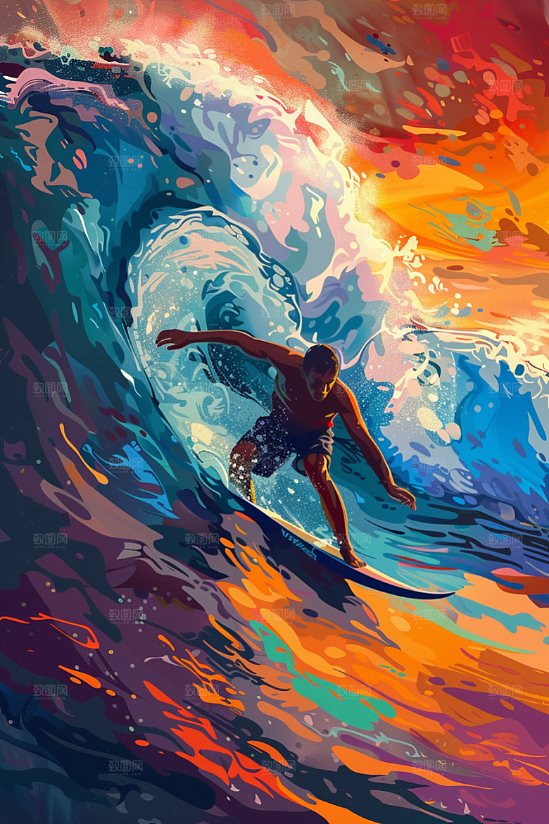 扁平风冲浪运动高清插画