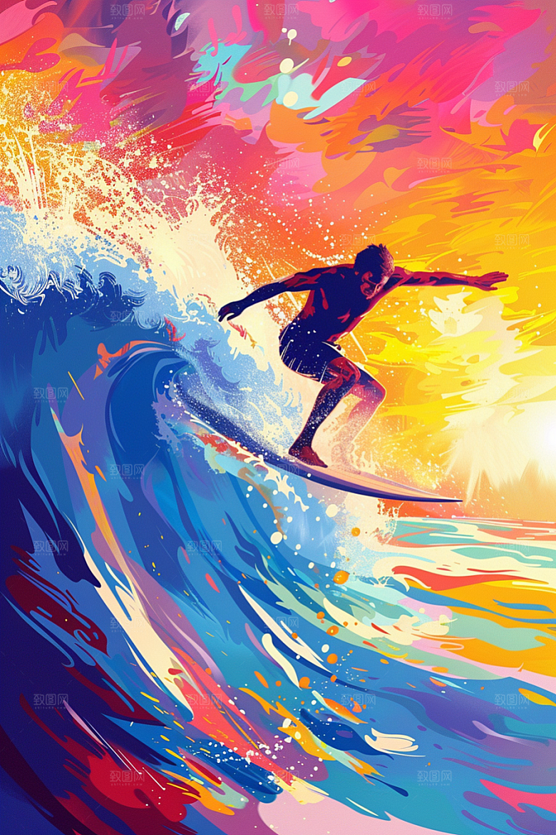 扁平风冲浪画报风玩水插画