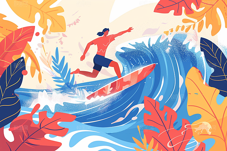 扁平风冲浪简约夏季插画