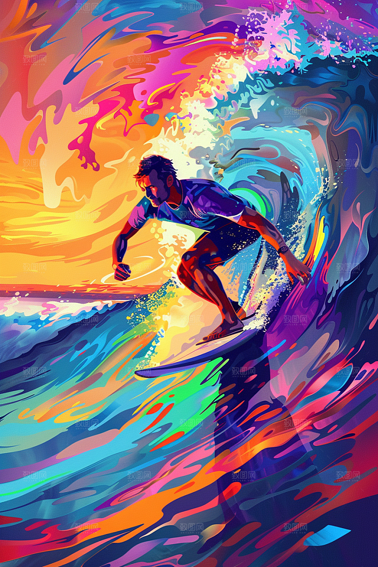 扁平风冲浪水上运动海浪插画