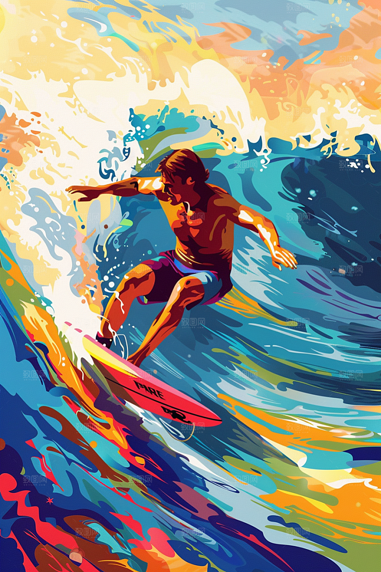 扁平风冲浪水上运动夏天插画