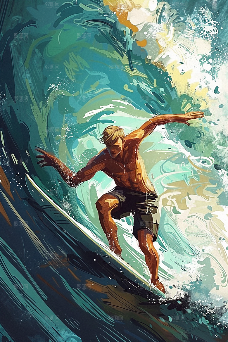 扁平风冲浪夏季海边插画