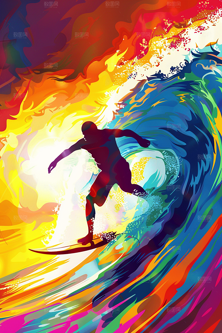扁平风冲浪海浪体育插画