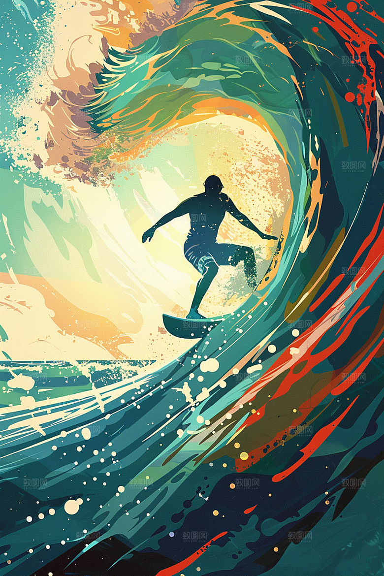 扁平风冲浪简约海边插画
