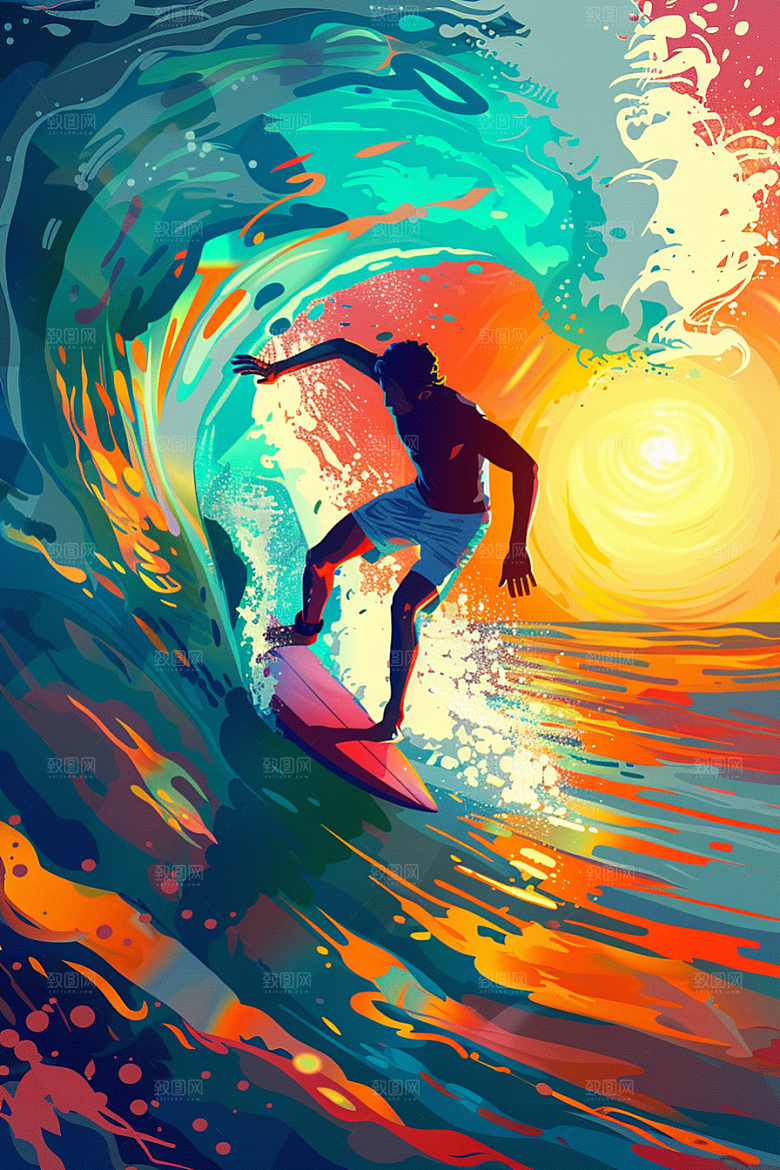 扁平风冲浪运动简约插画
