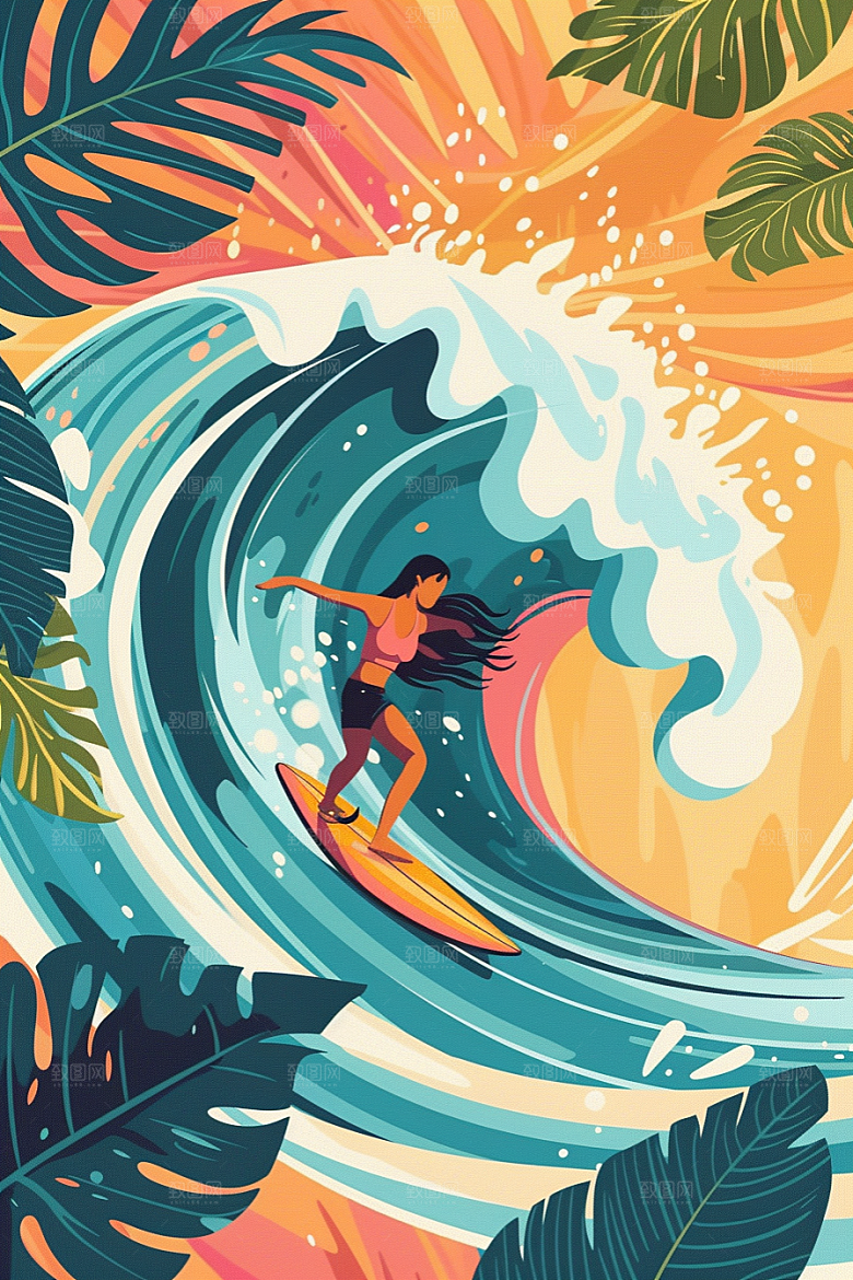 扁平风冲浪海浪手绘插画