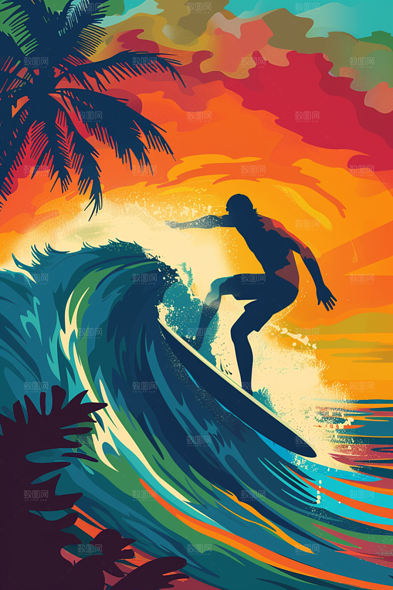 扁平风冲浪体育海浪插画