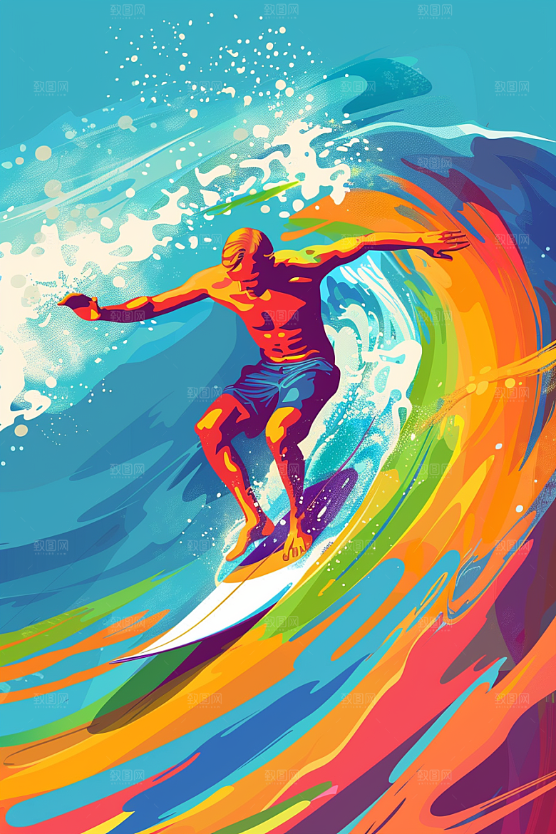 扁平风冲浪夏季体育插画