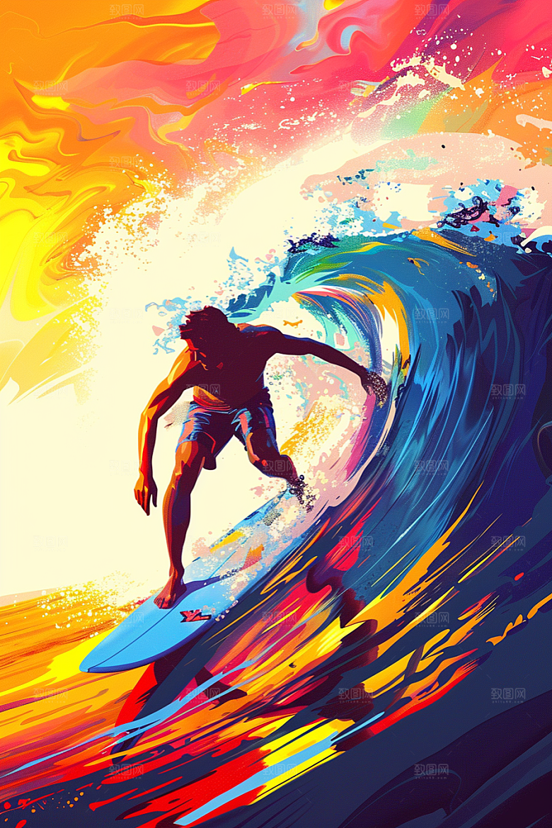 扁平风冲浪简约夏天插画