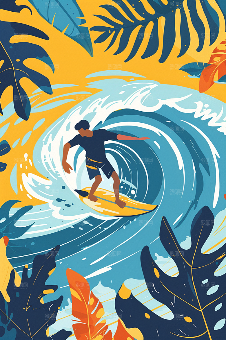 扁平风冲浪手绘海浪插画