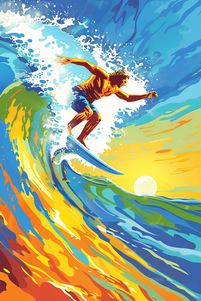 扁平风冲浪夏季手绘插画