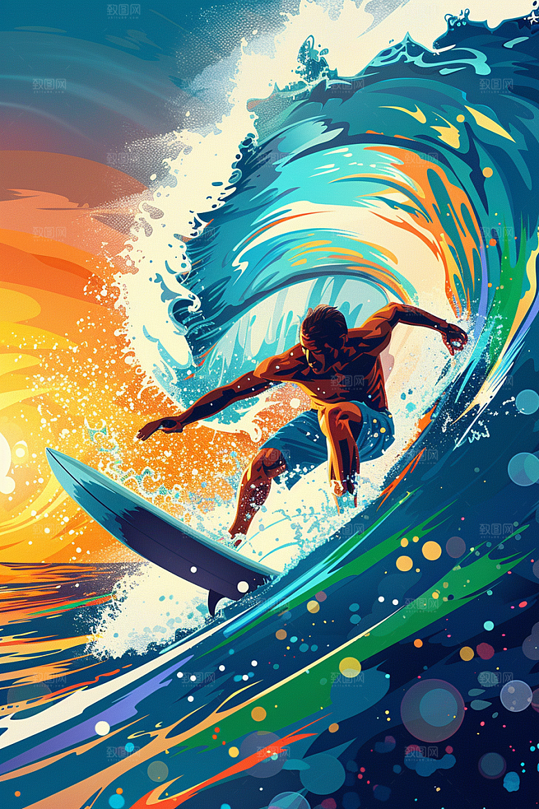 扁平风冲浪海浪玩水插画