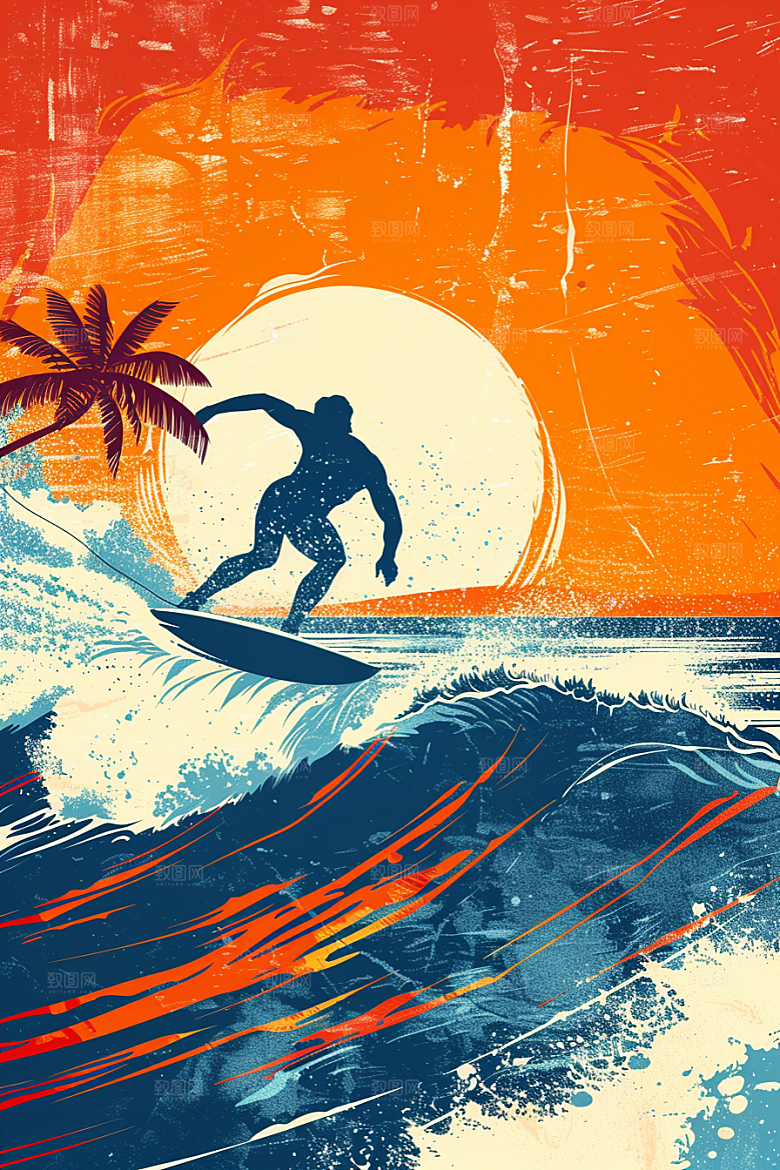 扁平风冲浪水上运动手绘插画