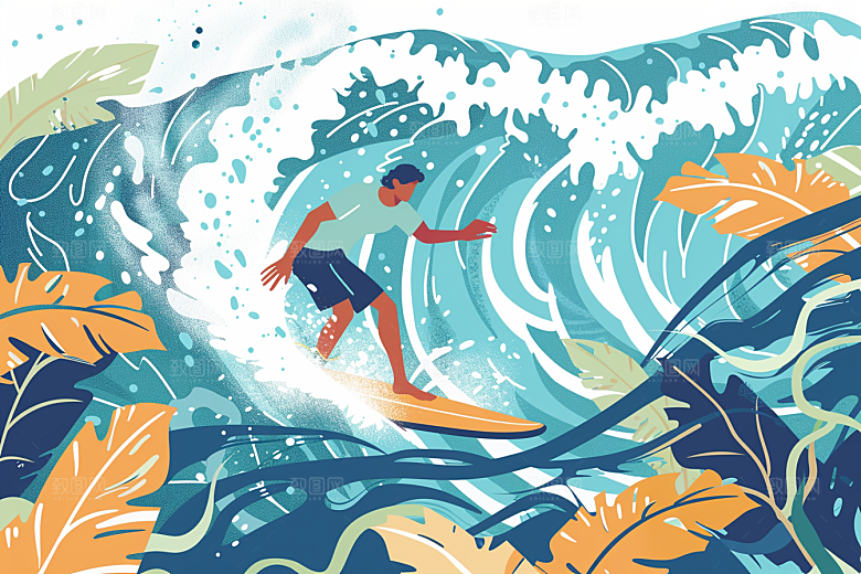 扁平风冲浪体育夏天插画