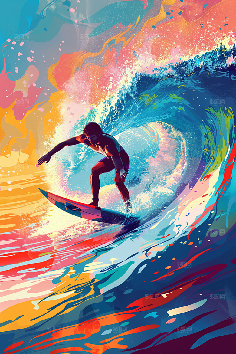 扁平风冲浪夏天水上运动插画