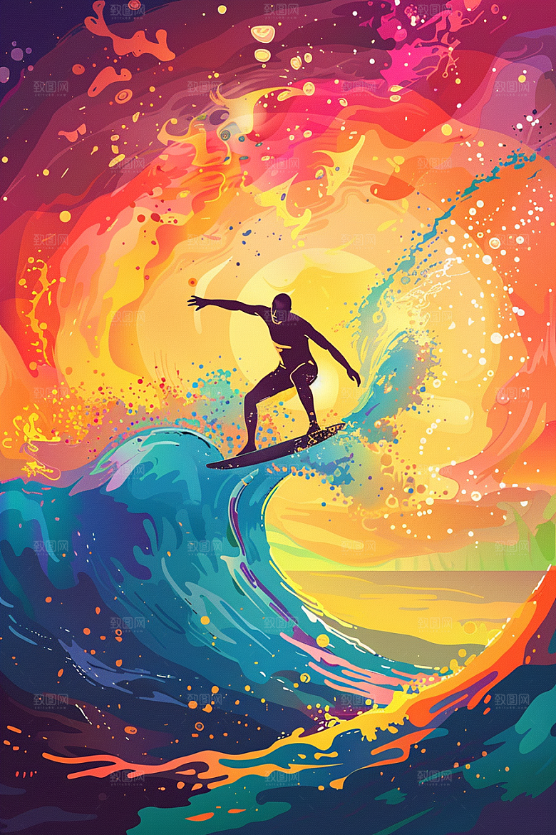 扁平风冲浪海边画报风插画