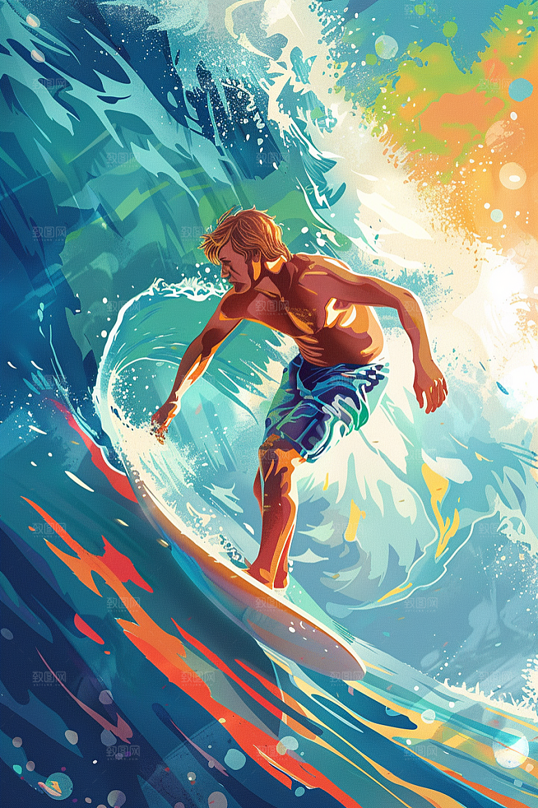 扁平风冲浪戏水夏季插画