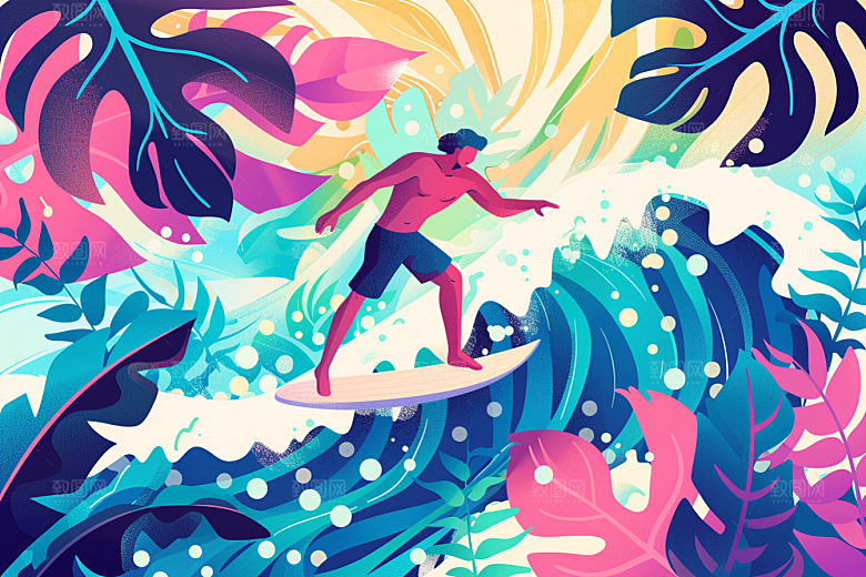 扁平风冲浪海边画报风插画
