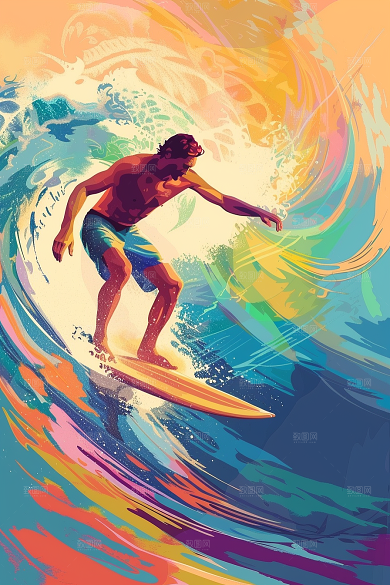 扁平风冲浪夏天自然插画