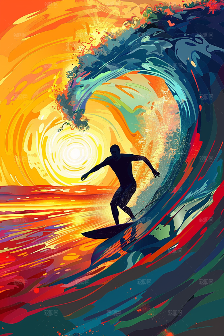 扁平风冲浪海浪画报风插画