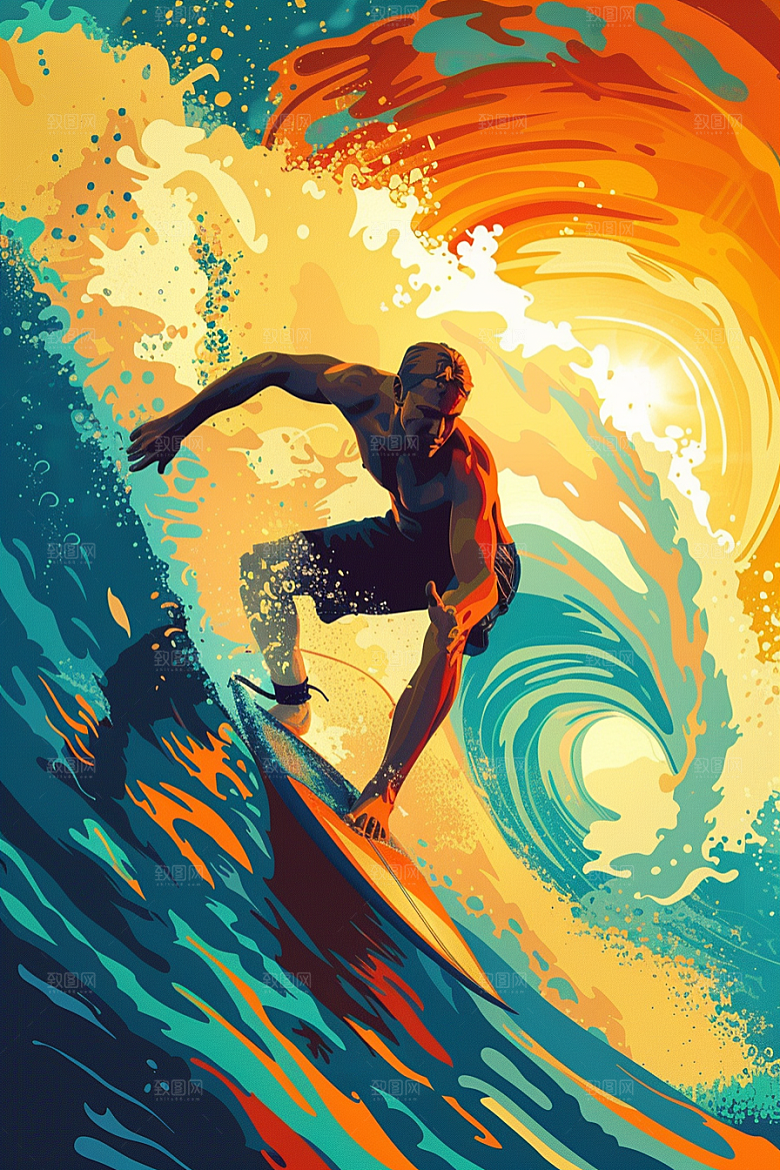 扁平风冲浪休闲自然插画