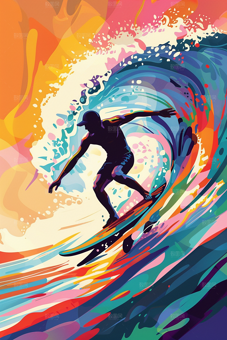 扁平风冲浪高清彩色插画