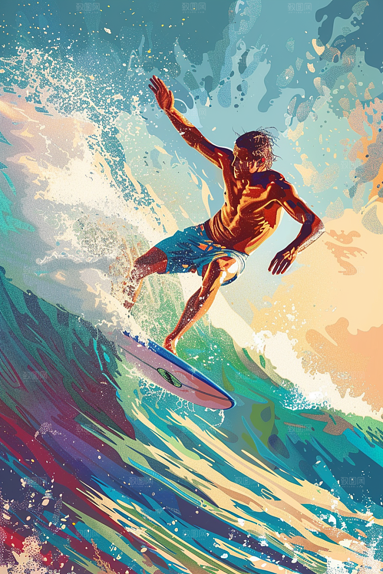 扁平风冲浪戏水海浪插画