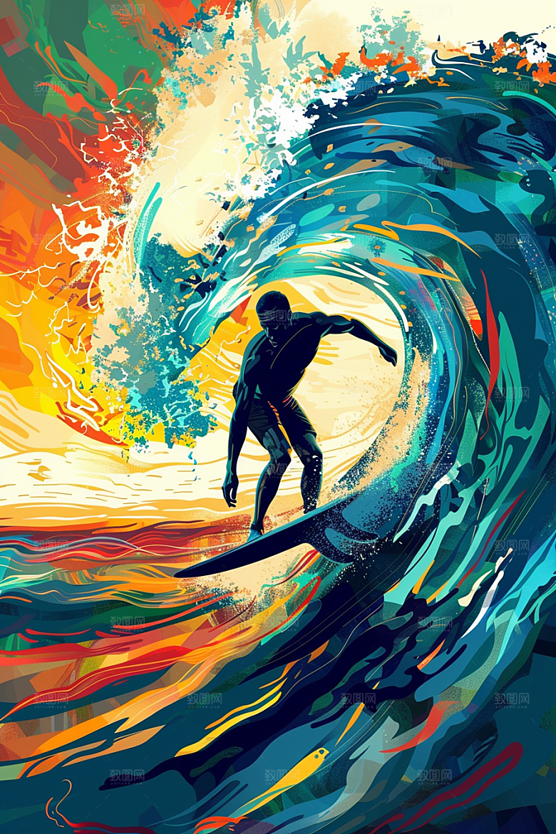 扁平风冲浪清新INS风插画