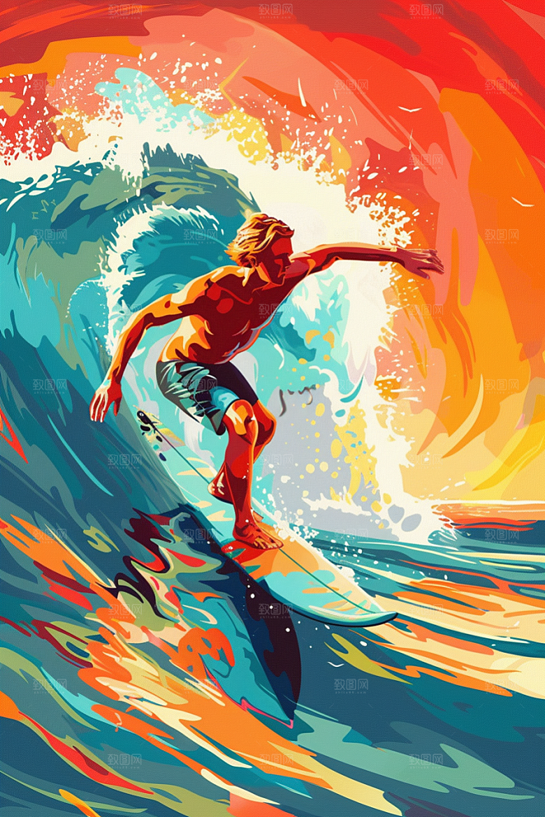 扁平风冲浪夏天海浪插画