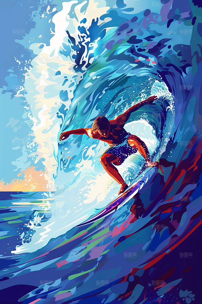 扁平风冲浪画报风INS风插画