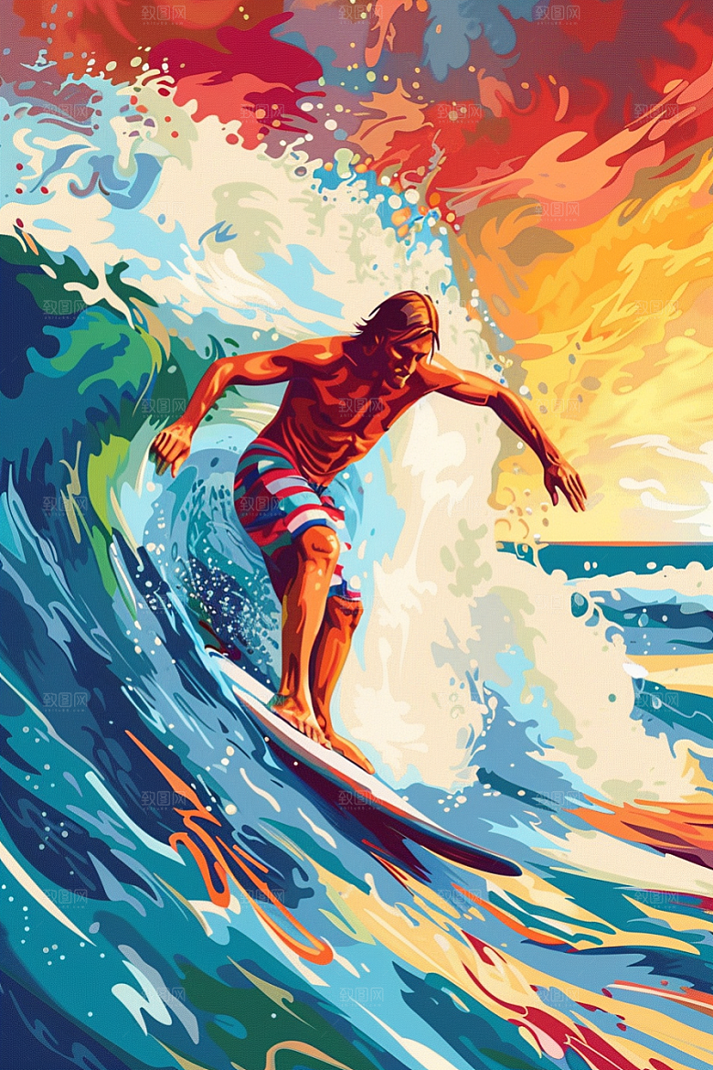 扁平风冲浪海浪画报风插画