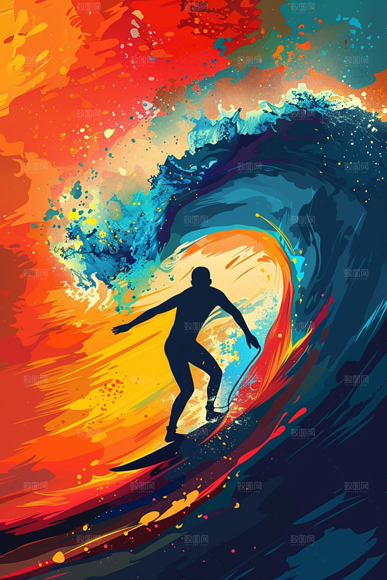 扁平风冲浪清新夏天插画