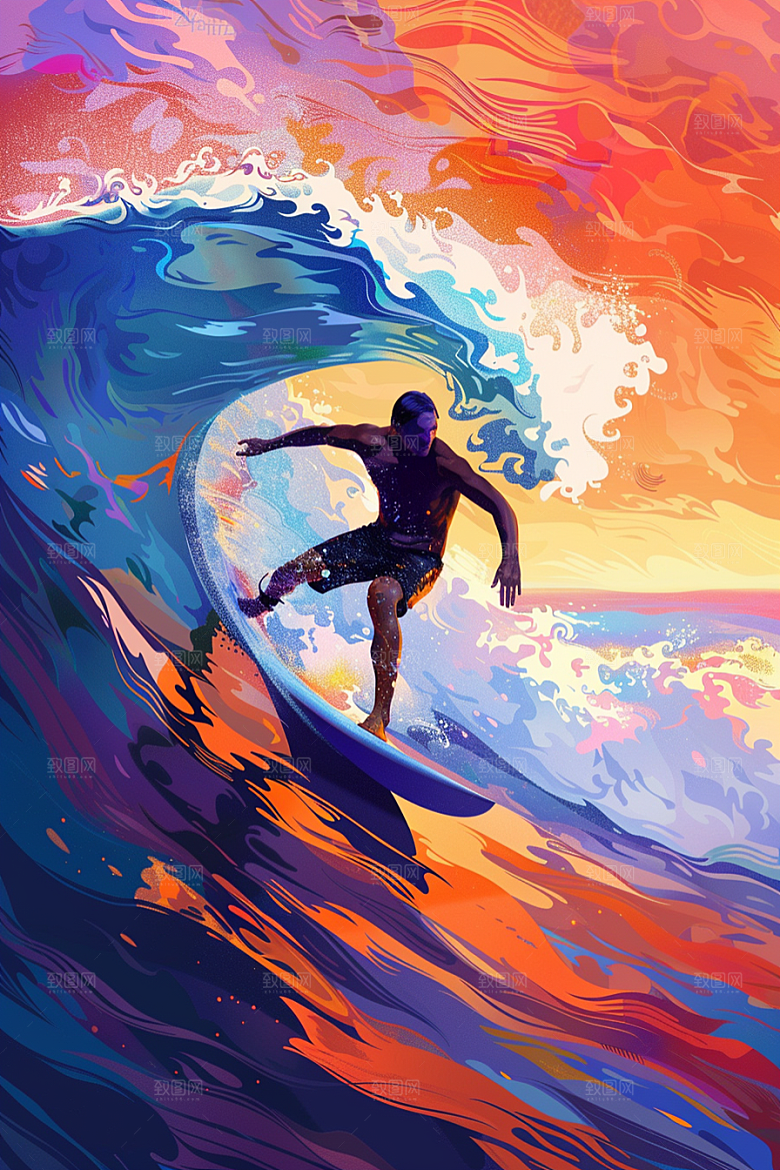 扁平风冲浪INS风自然插画