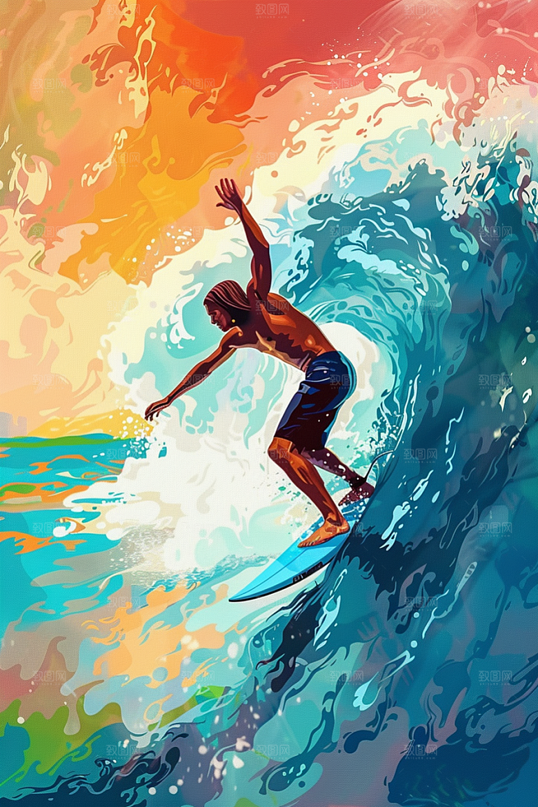 扁平风冲浪夏天体育插画