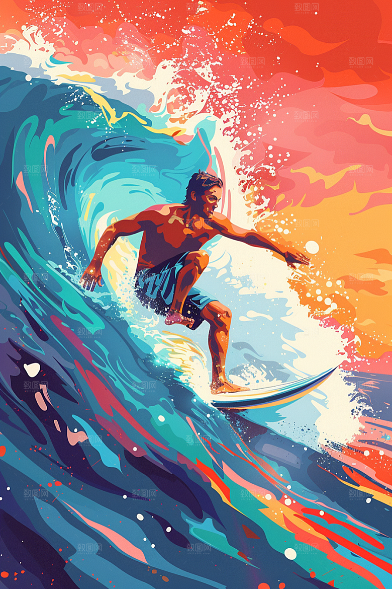 扁平风冲浪高清夏天插画