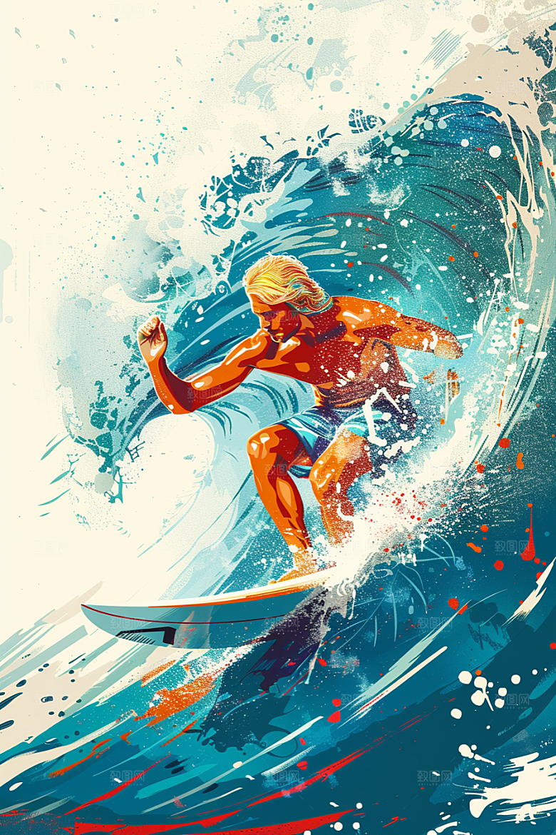 扁平风冲浪夏季画报风插画