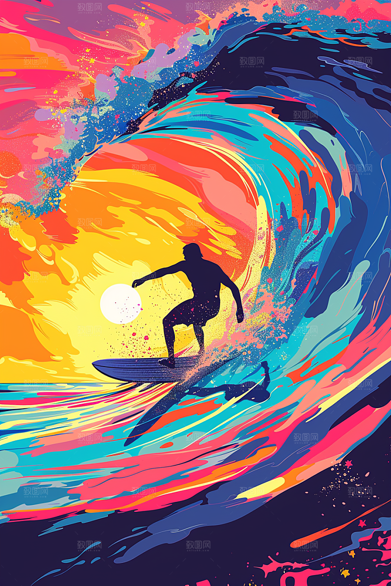 扁平风冲浪海边INS风插画