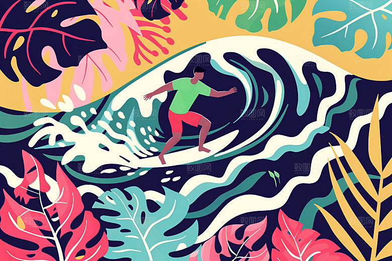 扁平风冲浪海浪夏季插画