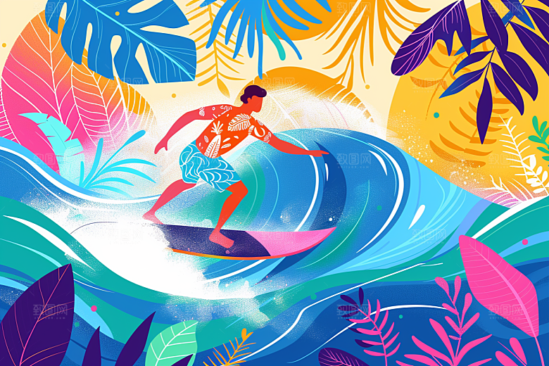 扁平风冲浪海浪体育插画