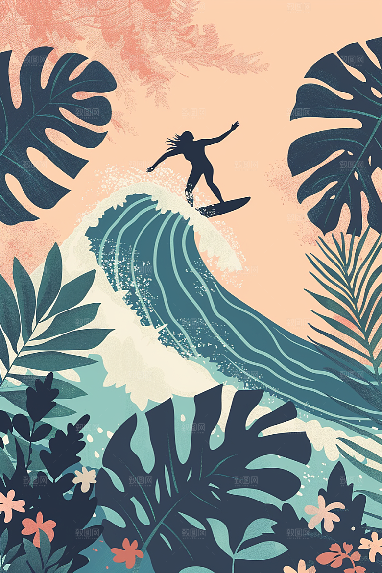 扁平风冲浪夏天高清插画