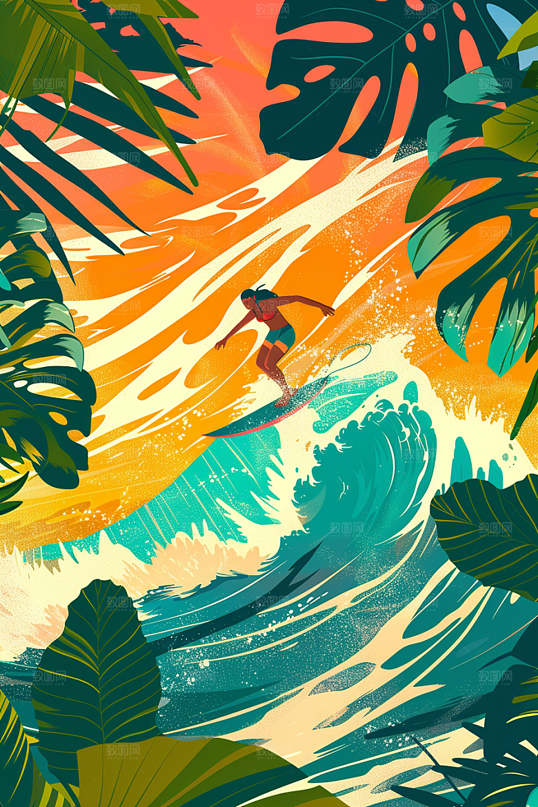 扁平风冲浪海浪简约插画